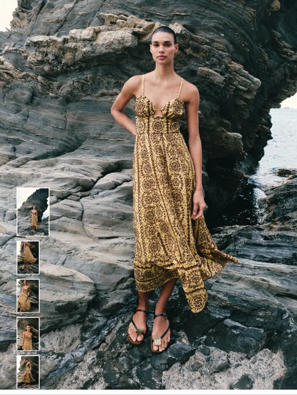 Zara Yellow Printed Spaghetti-Strap Maxi Dress